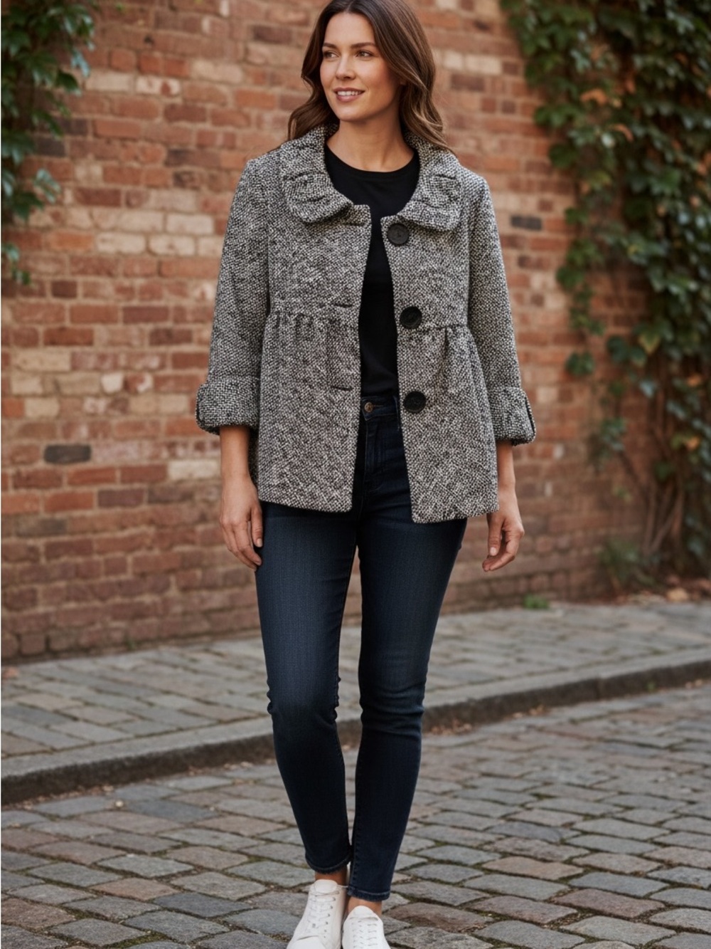 Kensie Gray Tweed Peplum Peacoat